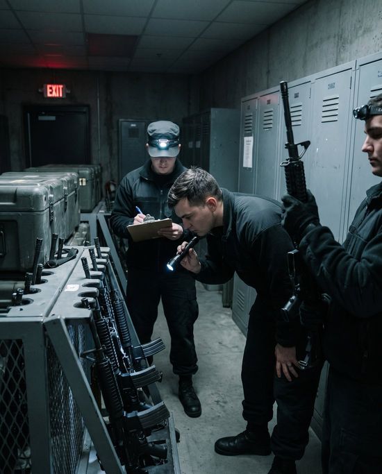 A supervisor with a clipboard, an auditor verifying a serial number by flashlight, and a handler holding a rifle conduct a manual weapons inventory beside a rack in a dimly lit armory