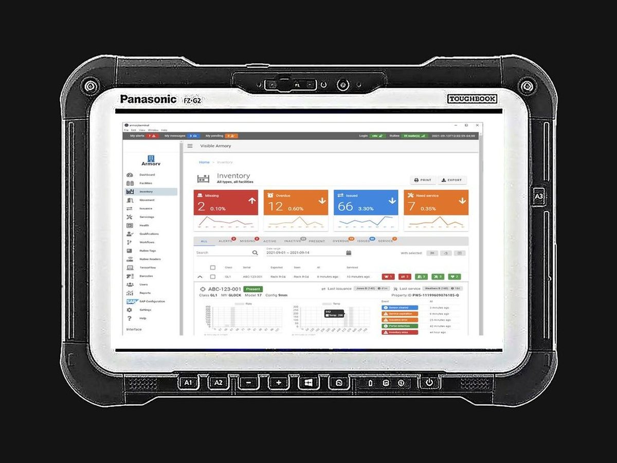 Rugged tablet running the Armory 20/20 dashboard
